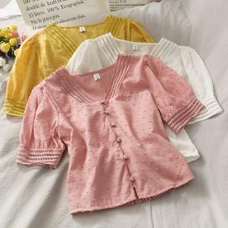 Eyelet V-neck Cropped Blouse