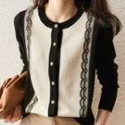 Long-sleeve Lace Panel Color Block Cardigan As Shown In Figure - One Size