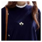 Frilled-neck Flower-embroidered T-shirt