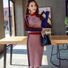 Set: Turtle Neck Color Block Knit Top + Skirt