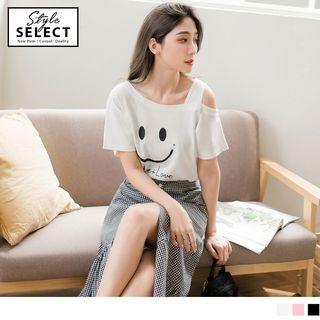 One Shoulder Print Short Sleeve Top
