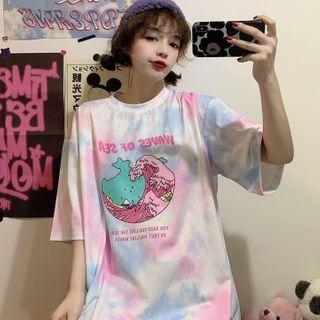 Elbow-sleeve Tie-dye Printed T-shirt