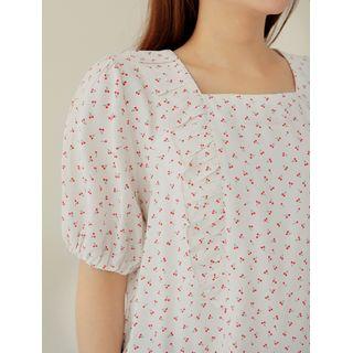 Frilled Cherry-patterned Silky Blouse