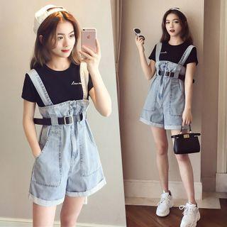 Set: Short-sleeve T-shirt + Denim Pinafore Shorts