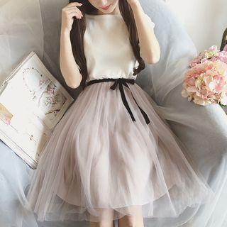 Mock Two-piece Short-sleeve Tulle Dress
