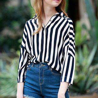 Dolman-sleeve Striped Shirt Black, White - One Size
