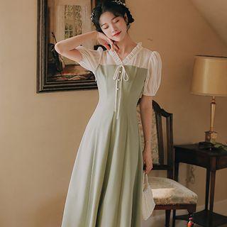 Short-sleeve Frill Trim Tie-front Midi A-line Dress