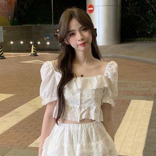 Short-sleeve Ruffle Lace Cropped Blouse / Mini A-line Skirt