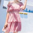 Cold Shoulder Lace Trim Short-sleeve A-line Dress