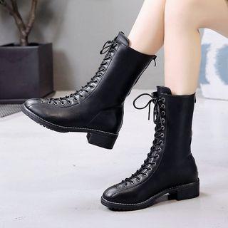 Faux Leather Block Heel Combat Mid-calf Boots