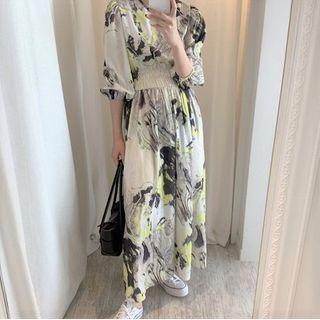Print Elbow-sleeve A-line Midi Dress White - One Size