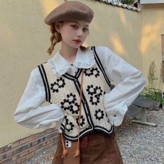 Long-sleeve Frill Trim Blouse / Floral Embroidered Button Vest