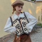 Long-sleeve Frill Trim Blouse / Floral Embroidered Button Vest