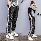 Contrast-trim Sequined Straight-leg Pants