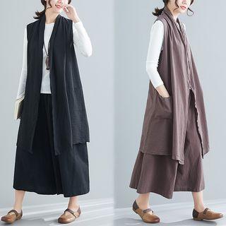 Set: Open Front Vest + Wide Leg Pants + Long-sleeve T-shirt
