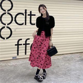 Puff-sleeve Top / Floral Midi A-line Skirt