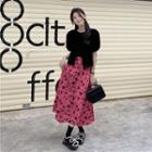 Puff-sleeve Top / Floral Midi A-line Skirt