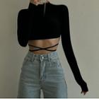 Mock-neck Long-sleeve Strappy Crop T-shirt