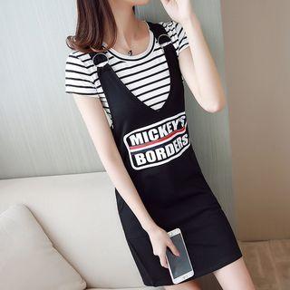Set: Striped Short Sleeve T-shirt + Lettering Tank Dress