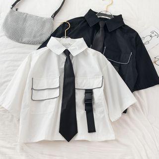 Contrast Trim Tie-neck Elbow-sleeve Shirt