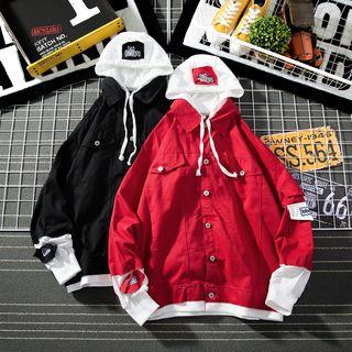 Applique Panel Button Hooded Jacket