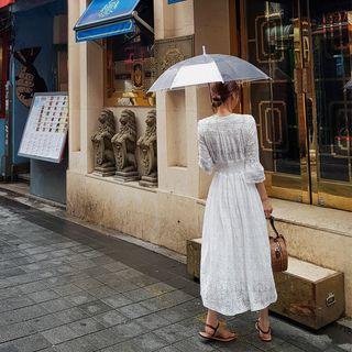 Bell-sleeve Smock-waist Long Lace Dress