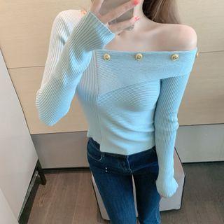 Long-sleeve Off-shoulder Embellished Knit Top