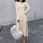 Long-sleeve High-neck Knit Midi Dress