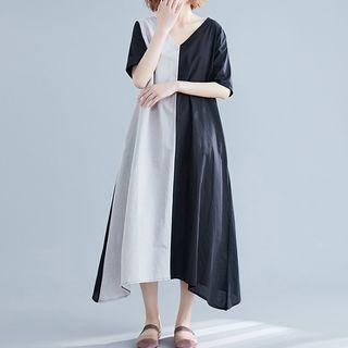 Two Tone Elbow-sleeve Tie-waist Midi A-line Dress