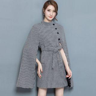 Houndstooth Mock Two Piece Cape Sleeve A-line Dress