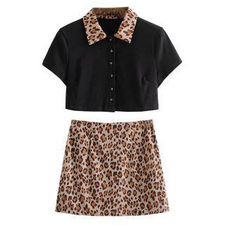 Set: Collared Short-sleeve T-shirt + Leopard Print Mini A-line Skirt