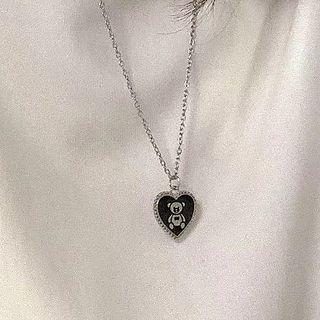 Bear Heart Pendant Alloy Necklace 2137a - Black Love Heart - Silver - One Size