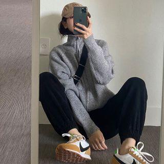 Long-sleeve Stand Collared Zip Knit Jacket / High-waist Drawstring Plain Sweatpants