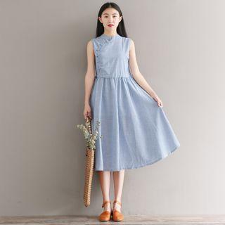 Sleeveless Pinstriped Midi A-line Dress