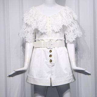 Short-sleeve Lace Panel Romper / Belt / Set