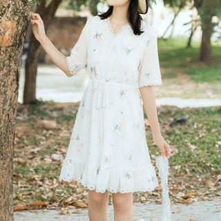 Lace Trim Embroidered Short-sleeve A-line Dress