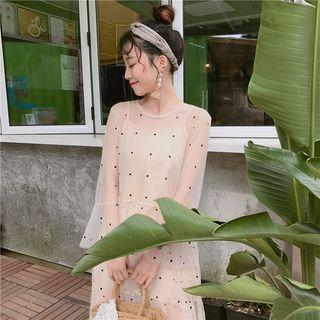 Set: Long-sleeve Dotted Sheer Midi Dress + Slipdress