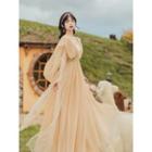 V-neck Cape-sleeve Midi A-line Dress