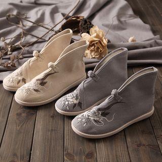 Floral Embroidered Canvas Short Boots