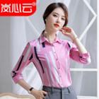 Stripe 3/4-sleeve Shirt/ Slim-fit Cropped Dress Pants/ Set