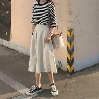 Set: Elbow-sleeve Striped T-shirt + Wide Leg Capri Pants