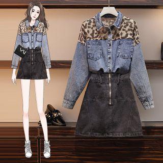 Set: Leopard Print Panel Denim Shirt + Paneled A-line Denim Skirt