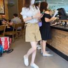 Puff-sleeve Plain Shirt + High-waist Plain Skirt