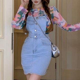 Long-sleeve Color Block Mesh Top White - One Size
