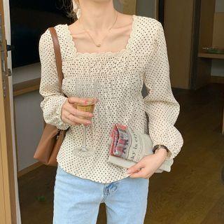 Long-sleeve Square-neck Lace Dotted Top As Figure - One Size