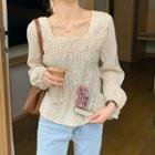 Long-sleeve Square-neck Lace Dotted Top As Figure - One Size