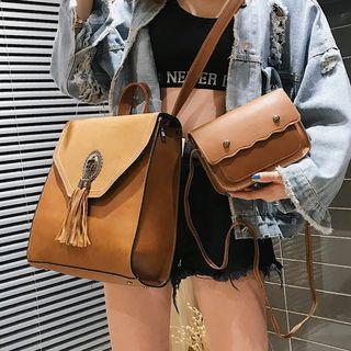 Set: Tasseled Faux Leather Backpack + Flap Crossbody Bag