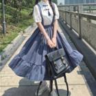 Mandarin Collar Blouse / Suspender Midi A-line Skirt