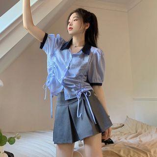Striped Lace-up Oversize Blouse Blue - One Size