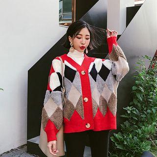Faux-shearling Argyle Knit Cardigan One Size